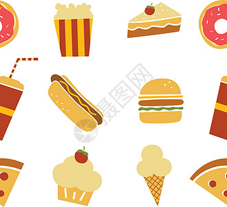 无缝快餐餐厅主题模式牛肉果汁蛋糕热狗馅饼冰淇淋饥饿插图面包糕点图片