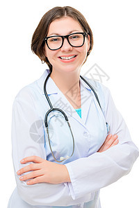 身着医疗服装和眼镜的女童在白后腹骨上摆姿势图片