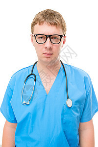 成功和自信的医生肖像 在蓝色西装上图片