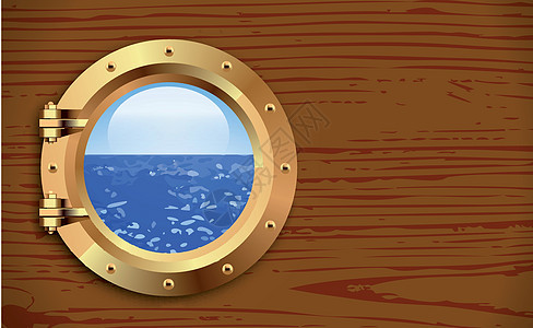 木制背景的洞洞玻璃圆圈帆船旅行黄铜青铜木头天空游艇窗户背景图片