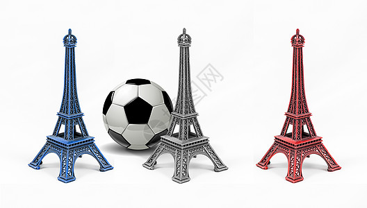 三个多色埃菲尔铁塔模型 在白色背面分离旅游纪念碑足球雕像玩具国家历史金属三色地标图片