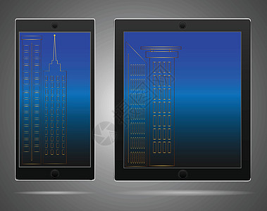 逼真的矢量平板电脑和手机模板城市商业金子触摸屏盒子反射学校互联网电子产品监视器图片