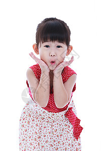 哇 一个可爱的小亚洲女孩的肖像 抱着她的嘴图片