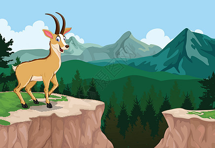 有趣的羚羊卡通与山崖景观背景图片