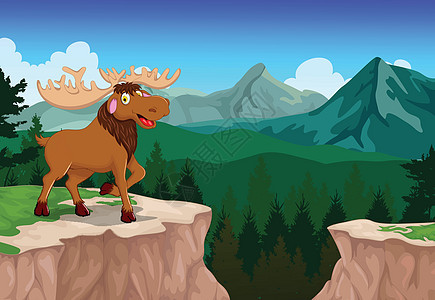 有趣的驼鹿卡通与山崖景观背景卡通片创造力场景环境森林叶子木头野生动物作品房子图片