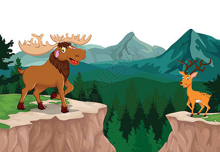 有趣的驼鹿和鹿卡通与山崖景观背景图片