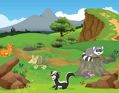 丛林中充满风景背景的奇特动物漫画图片