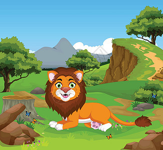 丛林中充满风景背景的奇笑狮子漫画图片