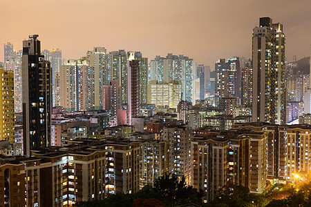 香港市晚上建筑学住宅景观市中心民众窗户中心多层住房生活图片