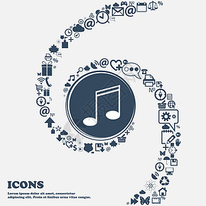音乐笔记标志图标 中央的音乐符号 周围有许多美丽的符号扭曲成螺旋状 您可以将每个单独用于您的设计 韦克托按钮令牌标签钥匙邮票海豹图片