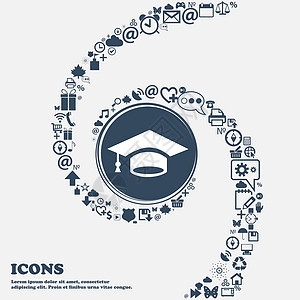 中心的毕业图标 周围有许多美丽的符号扭曲成螺旋状 您可以将每个单独用于您的设计 韦克托研究生智慧砂浆仪式插图学习庆典教育知识学校图片