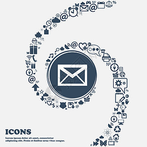 邮件图标 信封符号 消息标志 中间的导航按钮 周围有许多美丽的符号扭曲成螺旋状 您可以将每个单独用于您的设计 韦克托背景图片