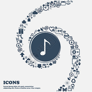 音乐笔记图标在中心签名 周围有许多美丽的符号扭曲成螺旋状 您可以将每个单独用于您的设计 韦克托艺术插图按钮图片