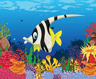 黑色和白色的奇笑黑白天使鱼卡通 有美景海洋生命背景图片