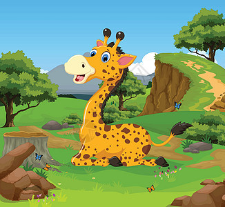 有趣的长颈鹿卡通坐在丛林中与景观背景图片