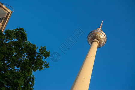 Fernsehturm电视塔 柏林亚历山大广场树木蓝色天空天线阳光蓝天吸引力晴天广播建筑图片