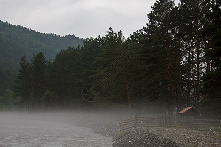 清晨 雾在河边弥漫岩石晴天天空蓝色叶子反射阴霾太阳季节薄雾图片