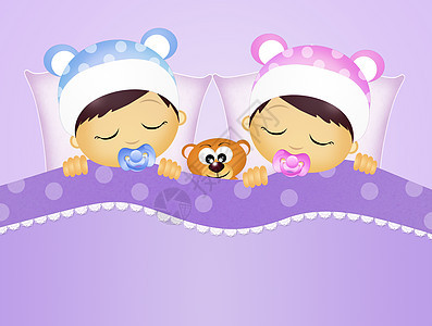婴儿睡在床上双胞胎公告孩子明信片女孩玩具熊卧室兄弟男生童年图片