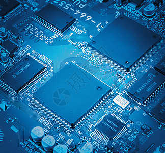 蓝色电路板的紧闭硬件芯片木板处理器原理图工程维修商业打印技术图片