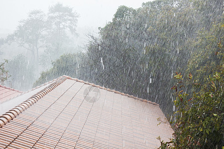 从顶顶屋顶瓷砖或二楼与自然相望而下大雨图片