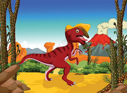 具有火山风景背景的滑稽恐龙漫画图片