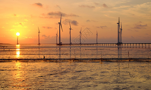 清洁能源 风力发电厂日出日落技术涡轮植物涡轮机活力螺旋桨海滩风车图片