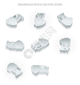 保险图标设置不同视图的金属汽车和盾牌透明阴影EPS 10 矢量图片