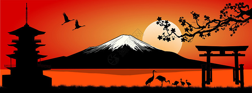 日落时的藤山横幅山峰火山黑色宝塔正方形反射太阳红色起重机图片