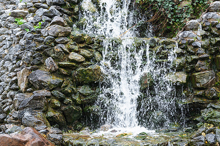 小型瀑布 流过卵巨石的级联石头刺激物叶子茶点植物路人地区森林水域噪音图片