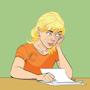 年轻女性写了一封信文档记者工作姿势思想家思维博主女孩床单漫画图片