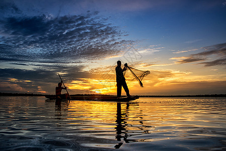 泰国反射波纹渔夫钓鱼旅游热带日出食物传统农民图片