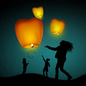 飞灯灯快乐新年庆典女孩插图蜡烛女士火焰飞行天灯图片