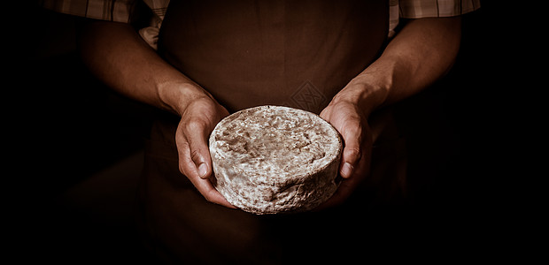 法国的通米奶酪 在一个奶酪师手里脆皮摊位奶油状模具奶制品产品大部美食地窖牛奶图片