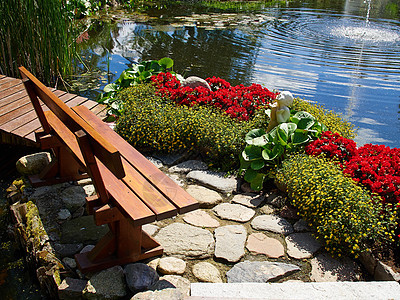 美丽的古典设计花园鱼池 有水百合植物群瀑布叶子石头公园情调后院院子冥想园艺图片