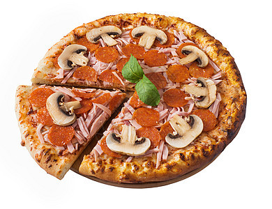 香肠 火腿和蘑菇的美味披萨图片