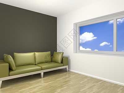 有绿色沙发的房间角落窗户地面蓝色褐色天空渲染插图白色背景图片