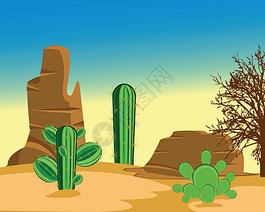 有仙人掌的沙漠插图植物卡通片全景地平线棕色宽慰天空太阳荒野图片