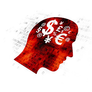 教育概念头与数字背景上的金融符号监视器伙伴代码风暴知识头脑辅导技术课程思考图片