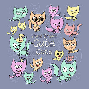 一套可爱的卡通猫在深色背景上有不同的颜色和情绪 韦克托图片