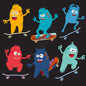 一套喜悦和多彩的卡通怪物 骑滑板 矢量溜冰者青少年滑冰卡通片快乐木板诡计爱好故事玩具图片