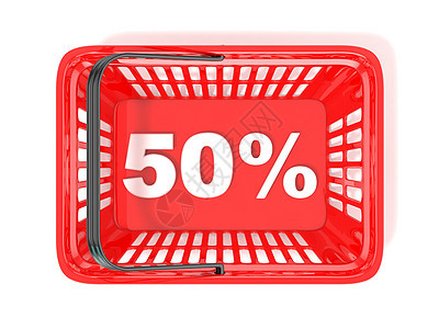 红色购物篮中50%的折扣标签 3D图片