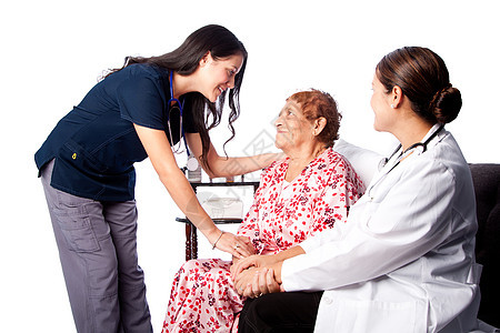 老年病人 医生和护士咨询女性收容所医疗疾病女士白色安慰医疗保险图片