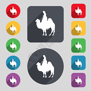 骆驼图标标志 一组 12 个彩色按钮和一个长长的阴影 平面设计 向量图片