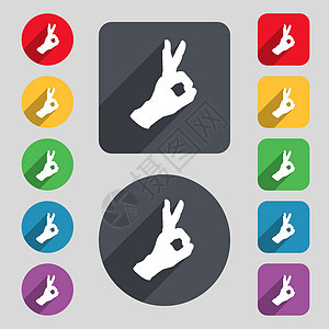 手势 ok 图标标志 一组 12 个彩色按钮和一个长长的阴影 平面设计 韦克托图片