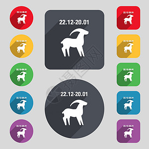 摩羯座图标标志 一组 12 个彩色按钮和一个长长的阴影 平面设计 韦克托用户辉光界面圆圈流动插图八字十二生肖文字动物图片