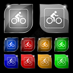 骑自行车的人图标标志 套与强光的十个五颜六色的按钮 韦克托图片