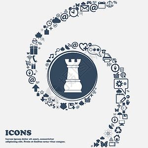 国际象棋车图标在中心 周围有许多美丽的符号扭曲成螺旋状 您可以将每个单独用于您的设计 韦克托图片