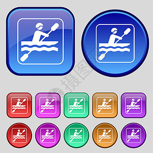 划独木舟图标标志 一套十二个复古按钮为您的设计 韦克托图片