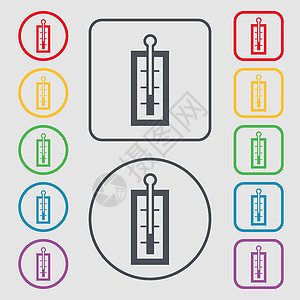 温度计图标标志 带有框架的圆形和方形按钮上的符号 韦克托科学气象乐器电脑天气季节仪表卡通片医生摄氏度图片