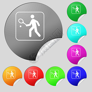 网球运动员图标标志 一套八个多色圆形按钮贴纸 韦克托图片